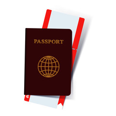 Vector passport with tickets. Air travel concept. Flat Design citizenship ID for traveler isolated. Red international document - passport illustration.