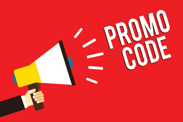 Word writing text Promo Code. Business concept for digital numbers that give you good discount on certain product Man holding megaphone loudspeaker red background message speaking loud