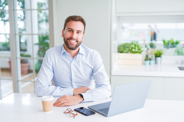 Handsome business man working using computer laptop and smiling