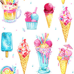 summer Ice cream popsicle cocktail pattern blue watercolor seamless