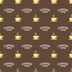 Steaming cups and text. Seamless pattern.