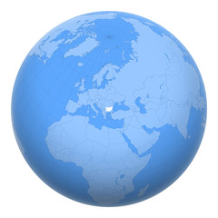 Bulgaria on the globe. Earth centered at the location of the Republic of Bulgaria. Map of Bulgaria. Includes layer with capital cities.
