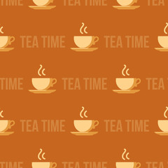 Steaming tea cup and text. Seamless pattern