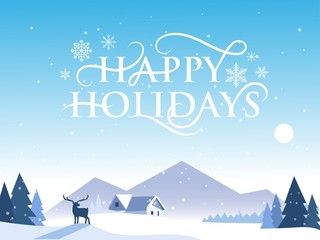 Fototapeta na wymiar Happy holidays design poster vector illustration. Greeting postcard with snowy picturesque mountains, trees, snowflakes and magic deer. 