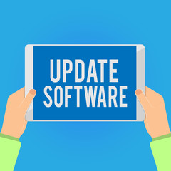 Writing note showing Update Software. Business photo showcasing replacing program with a newer version of same product.