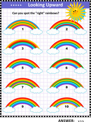 Visual puzzle or picture riddle for children: Find the right rainbows. Answer included.