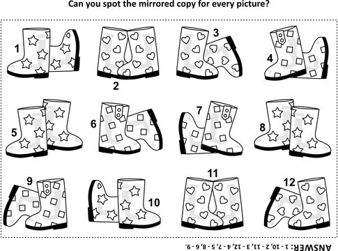 IQ training visual puzzle with rubber boots: Try to find mirrored copy for every picture. Answer included.
