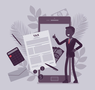 Mobile tax payment service for businessman. Male taxpayer making financial contribution on smartphone, employer calculating total income and earning online, Vector illustration with faceless character