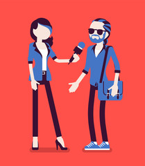 Female tv reporter interviewing questions. Woman holding an interview with man, professional journalist in conversation for radio, newspaper, asking opinion. Vector illustration, faceless characters