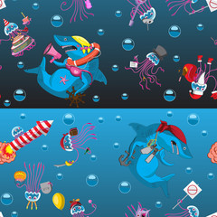 Seamless background character Medusa emotion bubbles shark on a black blue background. Kids printing textile banner background. Vector image. eps 10