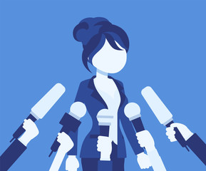 Tv interview microphones, broadcasting female speech. Popular young woman recording opinion, business, political celebrity giving comments for news. Vector illustration, faceless character