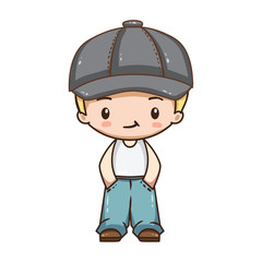 Vector illustration of cute chibi character. Cartoon boy in blue jeans, white t-shirt and hat.