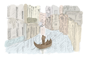 Scenery of the old city of Venice. Ancient buildings, a water channel and a boat floating on the water. Imitation of watercolor.