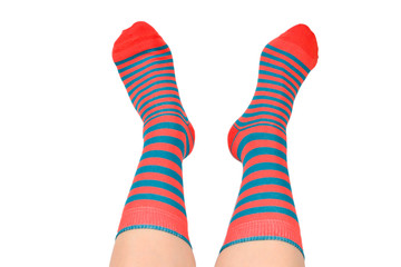 Woman in orange socks isolated on white background. Top view.