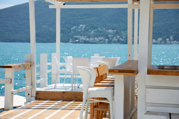 restaurant terrace near blue sea