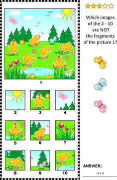 Spring, Easter or summer visual logic puzzle with happy playful chicks feeding outdoor: What of the 2 - 10 are not the fragments of the picture 1? Answer included.