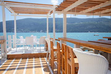 restaurant terrace near blue sea