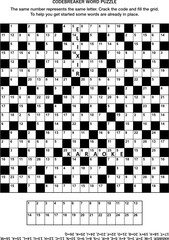 Puzzle page with codebreaker (codeword, code cracker) word game or crossword puzzle. General knowledge, some words already in place, medium level. Answer included.