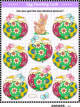 Easter holiday egg hunt themed find the two identical images visual puzzle or picture riddle with painted eggs and cute little bunny. Answer included.