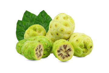 noni or Morinda Citrifolia and fruits with half sliced and green leaf isolated on white background.