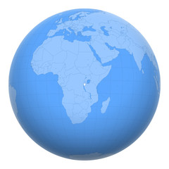 Burundi on the globe. Earth centered at the location of the Republic of Burundi. Map of Burundi. Includes layer with capital cities.