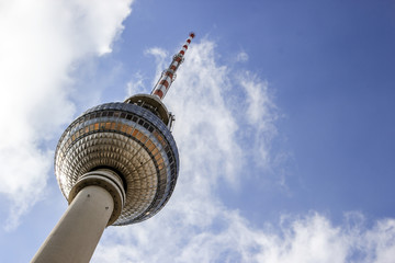 TV Tower located on the Alexanderplatz in Berlin, Germany. Photo take from the bottom looking up,...