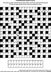 Puzzle page with codebreaker (codeword, code cracker) word game or crossword puzzle. General knowledge, some words already in place, medium level. Answer included.