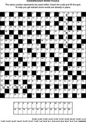 Puzzle page with codebreaker (codeword, code cracker) word game or crossword puzzle. General knowledge, some words already in place, medium level. Answer included.