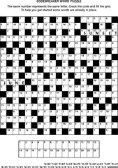 Puzzle page with codebreaker (codeword, code cracker) word game or crossword puzzle. General knowledge, some words already in place, medium level. Answer included.