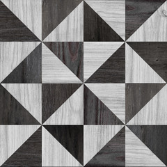 Wood texture for background. Black-white parquet floor with geometric pattern. Panel of planks for wall decoration.