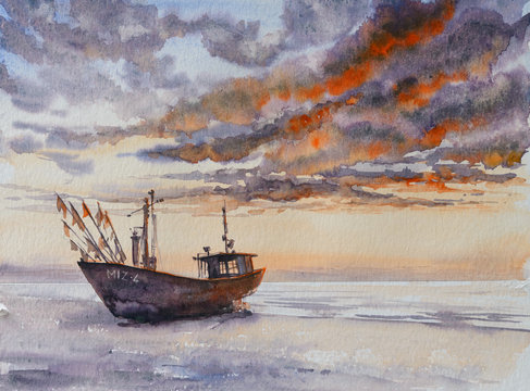 Wooden fishing boat on The Baltic shore. Picture created with watercolors.