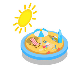 Beachfront concept banner. Isometric banner of beachfront vector concept for web, giftcard and postcard