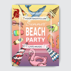 Invitation for coktail beach party. Summertime sketch hand drawn card.