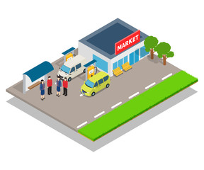 Shop refueling concept banner. Isometric banner of shop refueling vector concept for web, giftcard and postcard