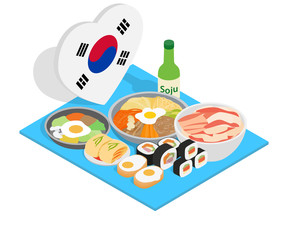 Korea food concept banner. Isometric banner of korea food vector concept for web, giftcard and postcard