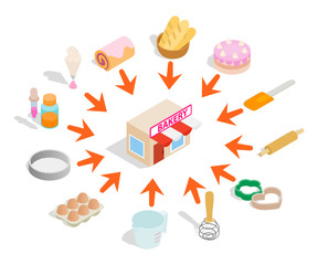 Bakery concept banner. Isometric banner of bakery vector concept for web, giftcard and postcard