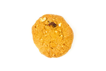 Oatmeal raisin cookies isolated on white background, top view.