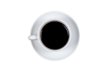 Black coffee in a coffee cup top view isolated on white background.