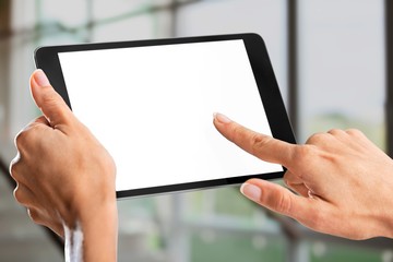 Human hands Holding digital tablet with blank screen isolated on white