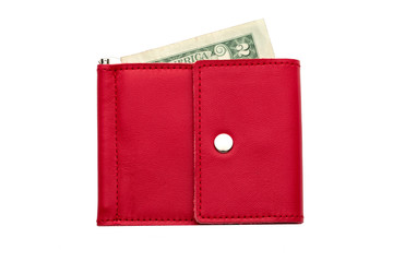 Red purse with money on white background.Compact wallet