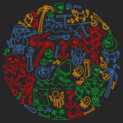 Vector set of pirates children's drawings icons in doodle style. Painted, black colorful, chalk pictures on a blackboard.