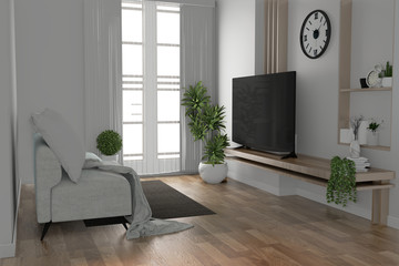 Tv shelf in modern empty room and decoration plants on white wall floor wooden.3D rendering