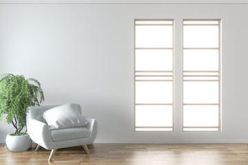 Elegant room interior mock up with grey stylish comfortable armchair and frame on white wall floor wooden.3d rendering