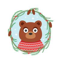 Color vector illustration of a bear in a sweater. Print with a picture of a bear in a frame of fir branches with cones and berries. Design for greeting card, invitation to the new year or christmas