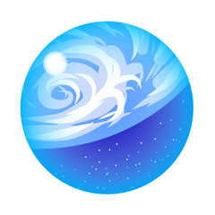 Obraz premium View of the blue beautiful planet Earth in the porthole of a spaceship. Vector round illustration.