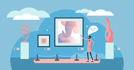 Art exhibition vector illustration. Flat tiny culture view persons concept.