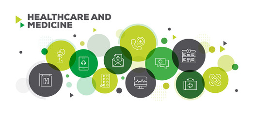 HEALTHCARE AND MEDICINE ICONS ON MULTI COLORED BACKGROUND BANNER DESIGN