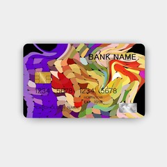 Purple credit card design. With inspiration from abstract. On white background. Glossy plastic style.