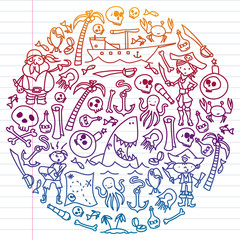 Vector set of pirates children's drawings icons in doodle style. Painted, colorful, pictures on a piece of paper on white background. Drawing by pen on exercise notebook.