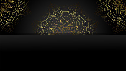 Round gradient mandala on black isolated background. Vector boho mandala in golden colors. Mandala with floral patterns. Yoga template
